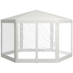 13' x 11' Outdoor Party Tent, Hexagon Sun Shade Shelter Canopy w/ Protective Mesh Sidewalls, Ropes & Stakes, Cream