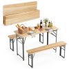47" Foldable Picnic Table with 2 Benches, Solid Fir Wood Outdoor Dining Set with Sturdy Metal Frame for Patio Garden Backyard